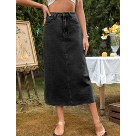 Women's Casual Denim Skirt High Waist Pencil Skirt Slit STR Setch Denim Maxi Skirt with Slit - XS-L, Black (black B)