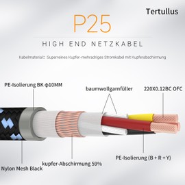 Tertullus HiFi High End Power Cable C15 Power Cable HiFi Audio Cold Device Cable with Schuko Plug and IEC Plug (P25, 2 m)