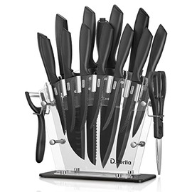 Knife Set, D.Perlla 16 Pieces Black Kitchen Knife Set with Acrylic Stand, High Carbon Stainless Steel, BO Oxidation Knife Block Set, No Rust, Non Slip Handle, Sharp Knife