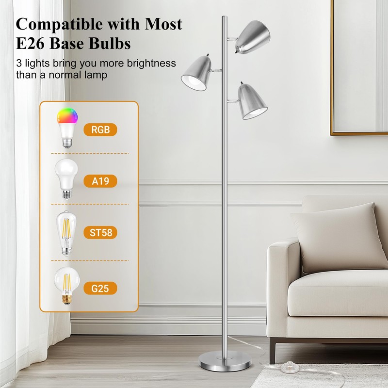 QiMH Tree Floor Lamp with 3 Light Bulbs, Standing Tall