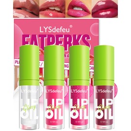 4 Colors Lip Oil Lip Glaze,Hydrating Tinted Plumping Lip Gloss,Clear Pink Shiny Glow Reviver Lip Care Oil,Longlasting Non-sticky Transparent Lip Oil,Women's Day Makeup Gift Kit for Women-SetA