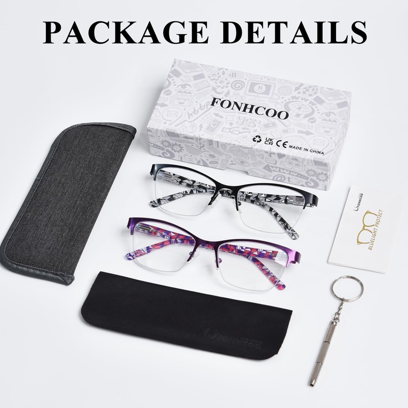 FONHCOO Bifocal Reading Glasses for Women, Metal Spring Hinge Blue