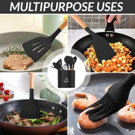 Nesdra Kitchen 33 Pcs Silicone Kitchen Utensils Set With Holder Heat Resistant Cooking Utensils Set For Nonstick Cookware Wooden Handle Kitchen Gadgets Black Kitchen Utensils Set With Measuring Spoons