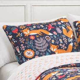 Lush Decor Pixie Fox Reversible Quilt Set, 3 Piece Set, Twin, Navy & Orange - Twin Bedding Sets For Girls - Whimsical Quilt For Kids & Toddlers -Floral & Heart Print - Woodland Bedroom Decor