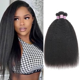 Kinky Straight Human Hair Bundles Yaki Straight Human Hair Extensions 100% Unprocessed Brazilian Remy Kinky Straight Human Hair, Natural Black (16 18 20 Inch, 3 Bundles)