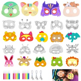24 Masks for Children, Animal Masks, Blank Painting Masks with Bungee Strings and 18 Coloured Watercolour Brushes, for Painting and Designing Yourself, for Children, Girls, Boys, Children's Birthdays,