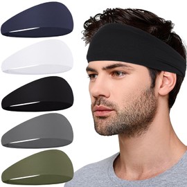 5 Packs Men's Sweatband Sports Headband Moisture Wicking Workout Headband,Running,Cycling,Basketball,Yoga,Football,Unisex Hairband Unisex (Black, White, Army Green, Dark Gray, Dark Blue)