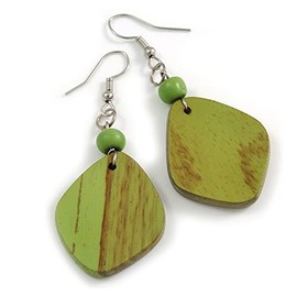 Diamond Shape Lime Green Painted Wood Drop Earrings - 60mm L