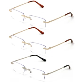 V.W.E. 3 Pairs Slim Rimless lightweight metal anti blue light blocking UV reading glasses - clear lens computer reader (2 Gold 1 Silver, 2.75, multiplier_x)