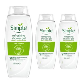 Simple Simple Kind to Skin Refreshing Shower Gel, Pack of 3, Body Wash with Cucumber Extracts and Pro-Vitamin B5 Dermatologically Tested for Sensitive Skin, 450 ml