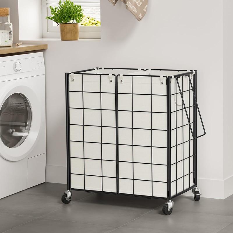WOWLIVE Double Laundry Hamper with Wheels,Metal Wire Frame Rolling Laundry