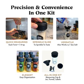 CassCaps Glass Spice Jars & Measuring Cap Set - Twist to Dispense 1/4 Tsp Per Turn for Precise Cooking - Spice Jars with Lids Keep Kitchen Organized & Tidy - Enjoy Round Spice Jar Without Mess -1 Pack