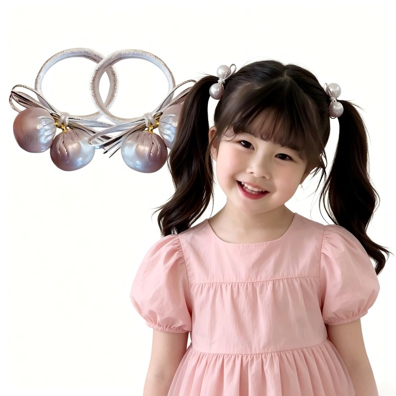 子供用 ヘアゴム パール調 光沢ボール付き 可愛い リボン風 ヘアアクセサリー 女の子 キッズ 髪留め