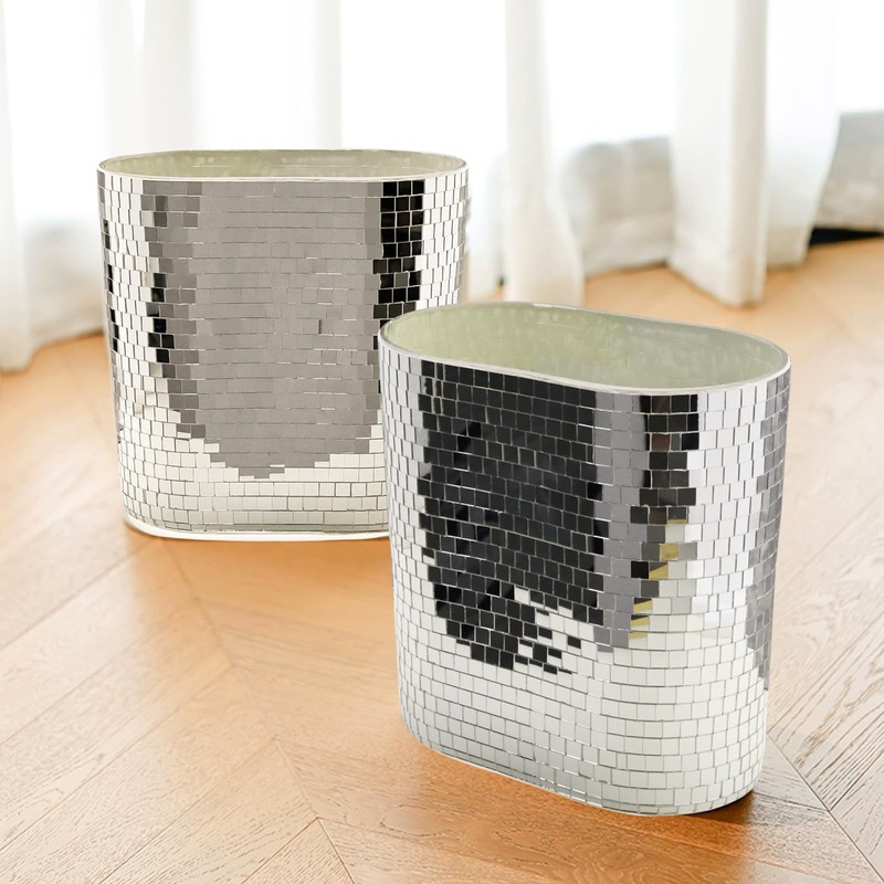 WDHODEC Silver Mirror Mosaic Trash Can (9.8" Tall) | Narrow
