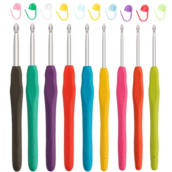 OWill Crochet Hooks Set, 9 Pieces Colourful Knitting Crochet Needles Set, Ergonomic Design, with Crochet Lockstitch 10 Pieces, Size 2mm 2.5mm 3mm 3.5mm 4mm 4.5mm 5.5mm 6mm , Suitable for Beginners