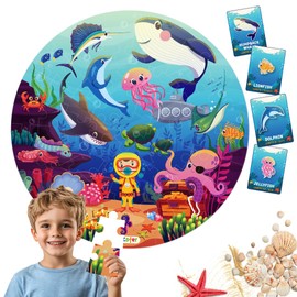 Jumbo 70 Piece Round Floor Puzzles for Kids Ages 3-5, 6-8, Large Jigsaw Puzzle with Educational Flash Cards and 3D Figures | Educational Gift (Underwater World)