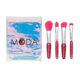 MODA Mini Pink Glitter Face 5pc Makeup Brush Kit – Travel-Size Brushes with Soft Vegan Filaments