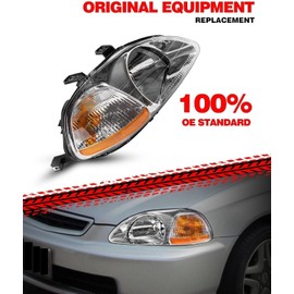 PHILTOP Headlight Assembly Replacement for Civic 1996-1998, Amber Headlamp Reflctor Clear Lens Chrome Housing