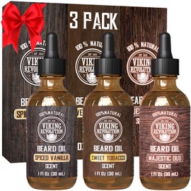 Viking Revolution Beard Oil for Men 3 Pack - Natural Mens Beard Oil Variety Set - Spiced Vanilla, Sweet Tobacco, Majestic Oud - Beard Conditioning and Moisturizing for a Healthy Beard (3 Pack, 1oz)