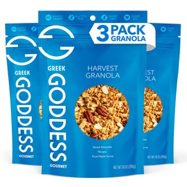 Greek Goddess Gourmet Harvest Granola with Pecans, Almonds, Coconut & Maple Syrup, 100% Whole Grain Oats & Olive Oil – Healthy, Greek-Inspired, Gluten Free Granola, 10oz (3-Pack)