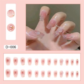 Vezocim Press on Coffin Nails Medium with Designs, Artificial Square Fake Nails with Flower Rhinestone, Full Cover Reusable Acrylic Fingernail False Nails with Glue, Floral Glue on Nails for Women