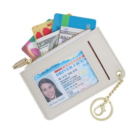 Small Wallets for Women Slim Leather Card Case Holder Wallet Coin Change Purse with Keychain, Beige, Small