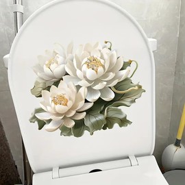 Flower Leaf Toilet Cover Sticker Decals,White Lotus Flower Leaf Waterproof Toilet Lid Tank Seat Decals Cistern Self-Adhesive Bathroom Wall Sticker