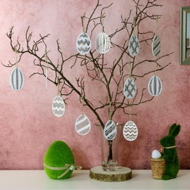 com-four® 12 x Decorative Hangers Easter – Wooden Easter Decoration for Hanging – Wooden Hanger for Easter Bouquet Grey/White with Stripes (Pack of 12 – Eggs with Stripes)
