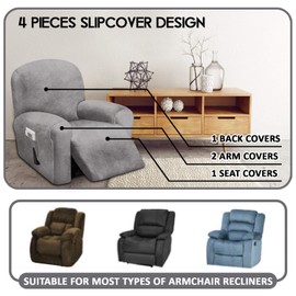 ULTICOR 4-Piece, 1 Seat Recliner Cover, Velvet Stretch Reclining Chair Covers for 1 Cushion Reclining Sofa, Single Seat Recliner Couch Cover, Thick, Very Soft, Machine Washable (Light Grey)