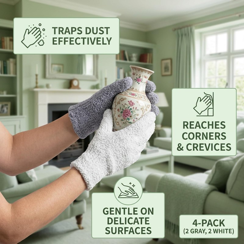 suction 4 Pairs Dusting Gloves, Set with Grey and White