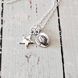 Sterling Silver Tiny Sheriff Badge Charm and Cowboy Hat Charm Necklace, Western Jewelry Charm Necklace, 18"