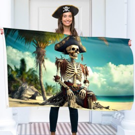 Pirate Flag – Jolly Roger Flag with Skeleton on the beach – Funny Flag – 110Den polyester - Double Seam - 2 brass eyelets, large 5ft x 3ft