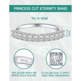 Moissanite Cottage 12 Stones Moissanite Anniversary Rings for Women, 1 Carat Princess Cut Diamond 18K White Gold Plated 925 Sterling Silver Half Eternity Wedding Bands Stackable Ring, Size 8