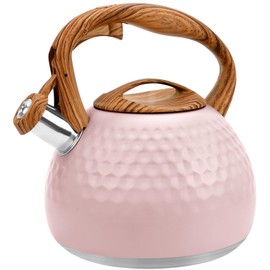 GGC Tea Kettle for Stove Top, Loud Whistling Kettle for Boiling Water Coffee or Milk, 3.1 Quart 3L Heavy Stainless Steel Pink Kettle with Wood Pattern Handle, Unique Button Control Kettle Outle