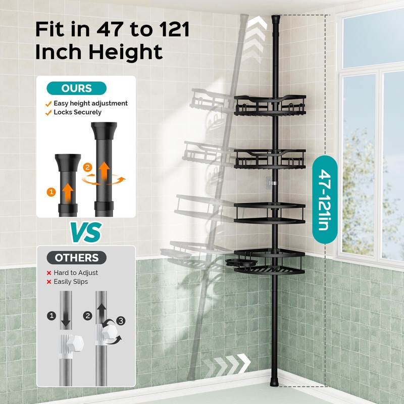 HAMITOR Corner Shower Caddy Tension Pole: Rustproof Stable 4-Tier Bathroom