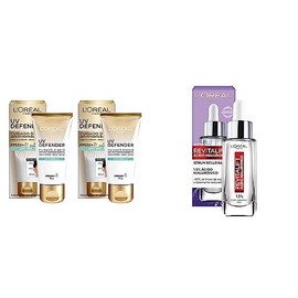 LOréal Paris Kit 2 Pack Protector Solar Anti-brillo, UV Defender  Serum Facial Anti Arrugas Acido Hialuronico Revitalift                              