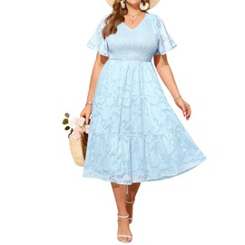 Plus Size Easter Dress Midi Curvy Light Blue Summer Casual Baby Shower Short Sleeve Smocked Tiered Flowy Lace Dress 2024
