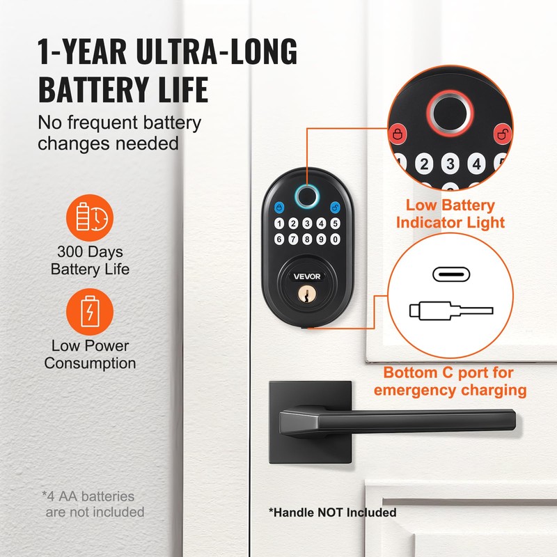 VEVOR Fingerprint Door Lock, with Fingerprint/Keypad Code/Key, One-Time and Anti-Peeking