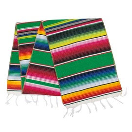 Mexican Serape Table Runner 14 x 84 Inches for Mexican Fiesta Decorations Wedding Outdoor Picnics Dining Table Hand Woven Cotton Table Runner with Fringe Green