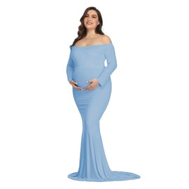 YnimioAOX Maternity Photoshoot Dress Long Sleeve Elegant Maxi Photography Dress Slim Stretchy Gowns,Baby Blue,X-Large