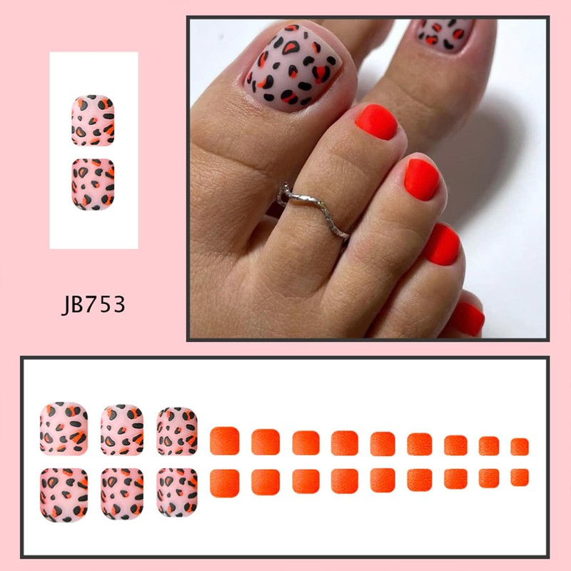 Leopard Print Press on Toenails Orange Solid Color Fake Toenails