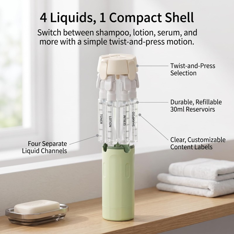2 Pack 4 in 1 Travel Dispenser Bottles, Green
