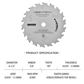 KEENTECH Teflon Coating 6-1/2 Inch ATB Circular Saw Blade 18T for Wood Cutting, Compatible with 5/8 Inch Arbor Corded or Cordless Circular Saws