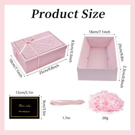 FICOFISE Gift Box with Lid, 25 x 18 x 8.5 cm, Gift Box, Birthday Gift Box, Foldable Gift Box with Bows, Greeting Cards, Raffia, for Weddings, Christmas, Anniversary (Pink)