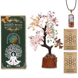 FLYING APSARAS Crystal Tree of Life Decor Set, Give her a Gift,Amethyst Gemstone Bonsai Tree, Family Ornaments,Chakra Pendant Necklace, 7 Chakra Stones,Energy Space Gift Box (FA-018-05)