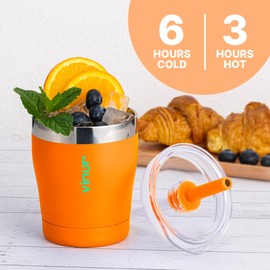 VINUR Kids Cup with Straw and Lid-9 oz Stainless Steel Double Wall Vacuum Insulated Drink Water Cup with Rubbler Base-Gift for Girls, Orange