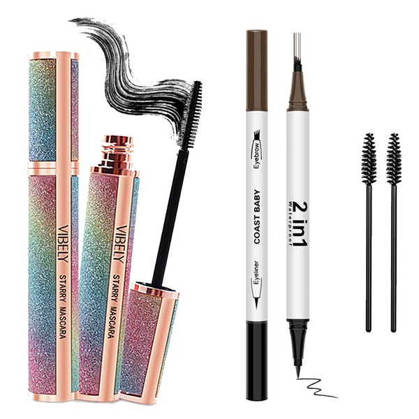 Silk Fiber Mascara,with Double heads Eyebrow Tattoo Pencil,2 in 1