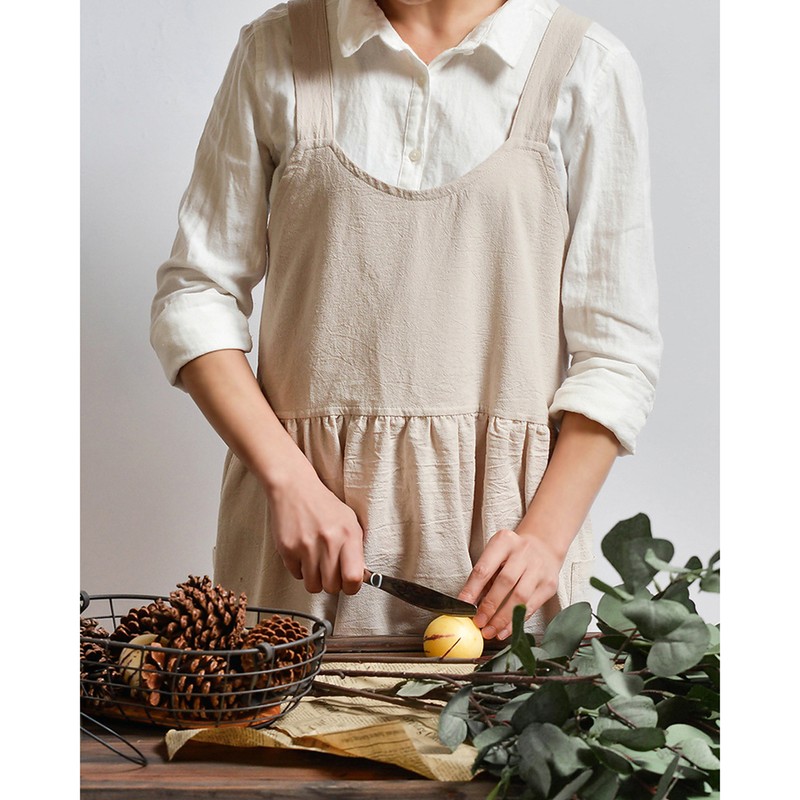 Women Kitchen Cooking Apron with 2 Front Pockets Cotton Linen