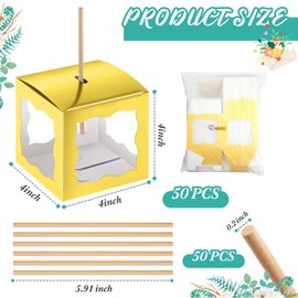 Dandat 50 Pieces 4 x 4 Inch Candy Apple Box with Hole and Stick Paper Caramel Apple Boxes Cookies Chocolate Gift Treat Boxes with Clear Windows Caramel Containers for Wedding(Gold)