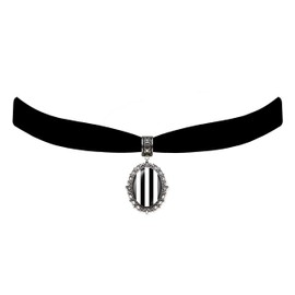 Victorian Vault Black Velvet Choker Steampunk Striped Pendant Necklace (White Black)